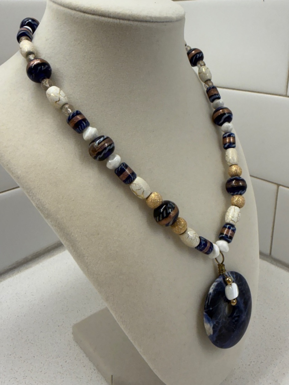 Sodalite Pi Stone Necklace with Lampwork Glass Beads - Picture 3 of 6